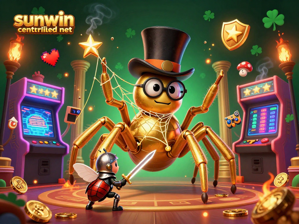 Engage with excitement at sunwin centralized net as a brave beetle knight approaches a giant golden tarantula in a lively casino setting.