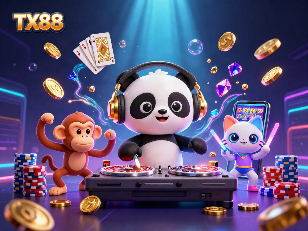TX88 showcases a DJ panda, a dancing monkey, and a glowing kitten in a vibrant casino scene.