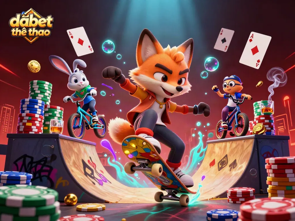 Dabet thể thao boosts excitement with a 3D skateboarder fox and BMX rabbit in a vibrant casino scene.