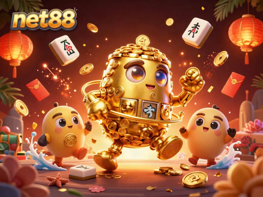 Experience the thrill of net88 with a vibrant 3D illustration showcasing an ancient golden golem amidst dynamic casino elements.