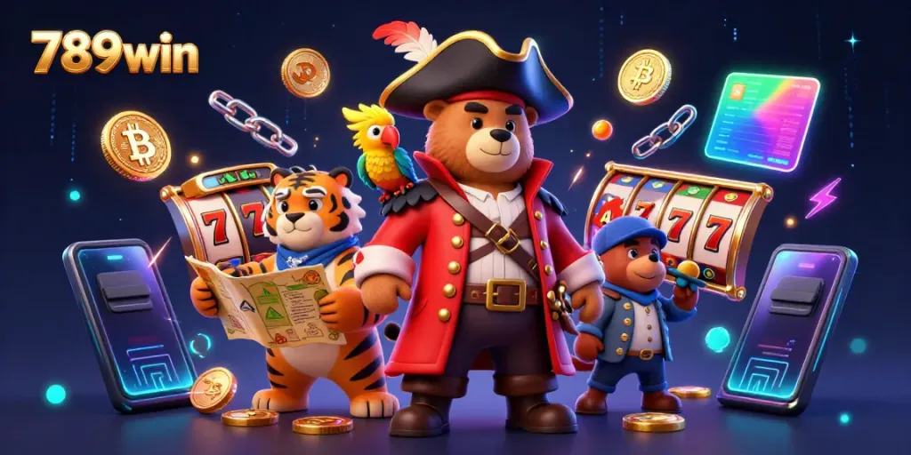 Engage with the exhilarating world of 789win slots, featuring a pirate bear and tiger amidst vibrant gaming elements.