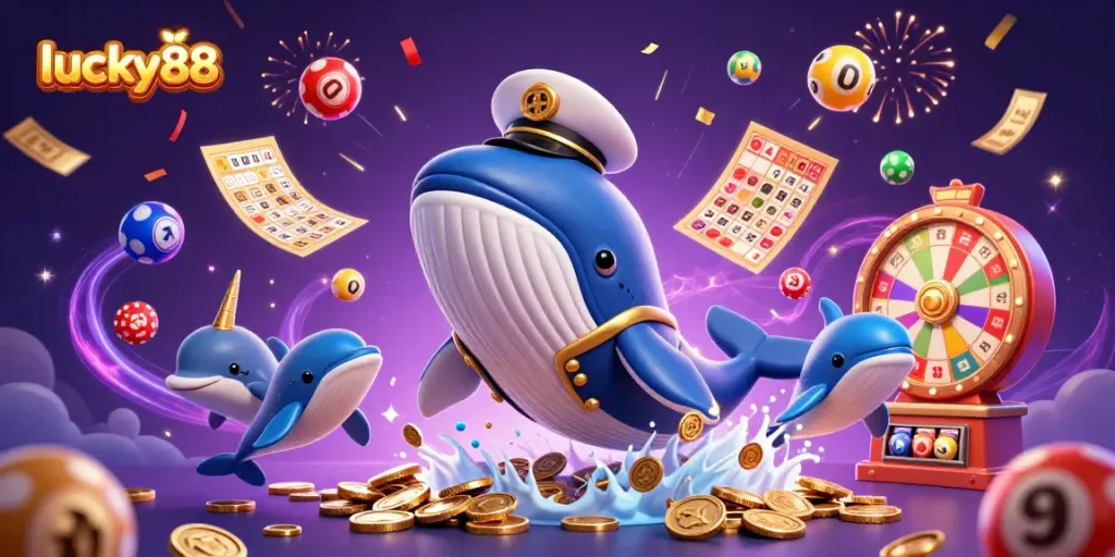 Engage with lucky88 at a vibrant casino scene featuring a cartoon whale and treasure.