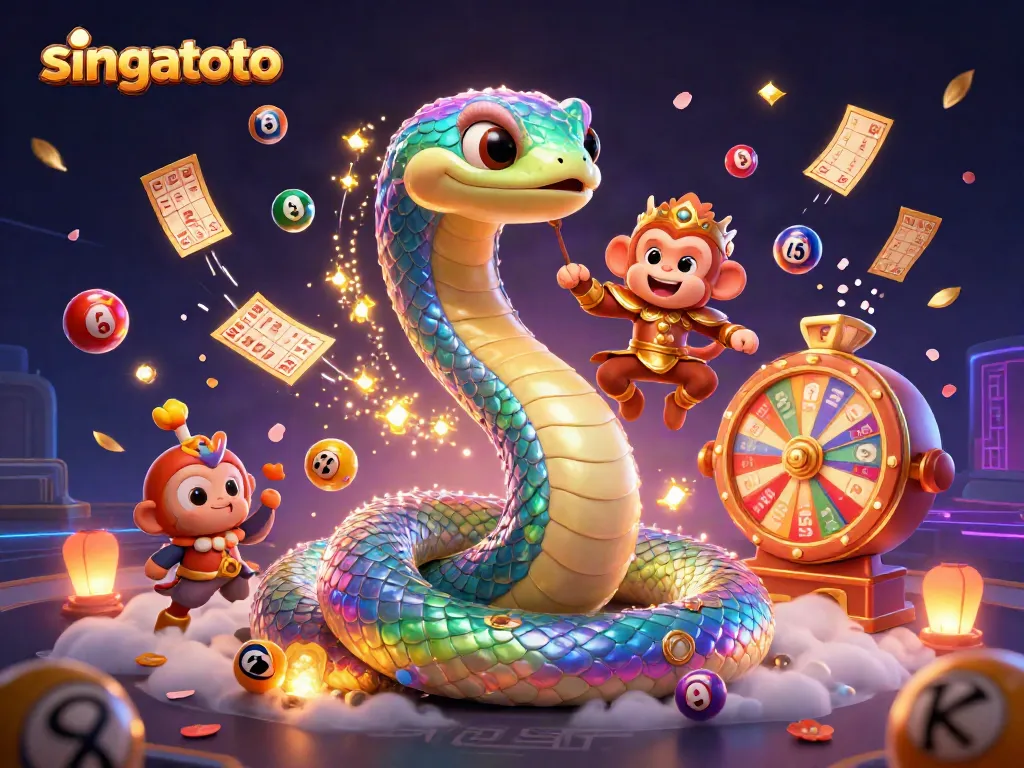 Experience thrilling wins with singatoto as colorful lottery balls and prizes animate a vibrant casino scene.
