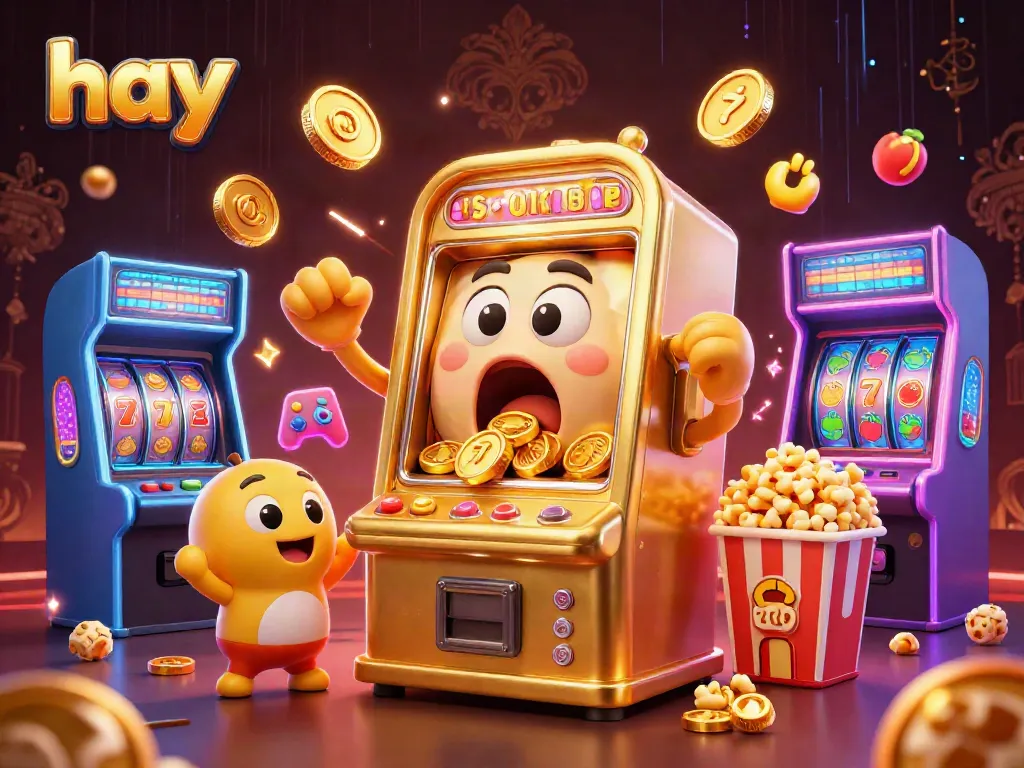 Experience the thrill of dynamic jackpots with golden slot machines and arcade elements at hay.