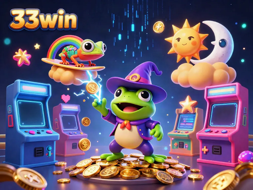 Experience the magic of winning with 33win in a vibrant 3D casino illustration.