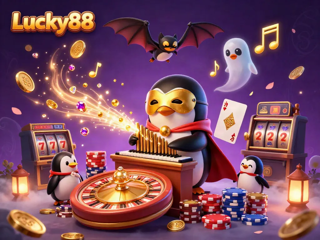 Experience Lucky88 with vibrant 3D casino scenes featuring a whimsical penguin.