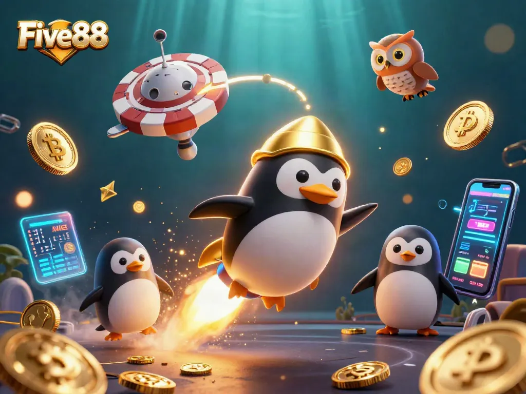 Experience exciting wins with Five 88, a vibrant casino adventure featuring cartoon penguins and digital riches.