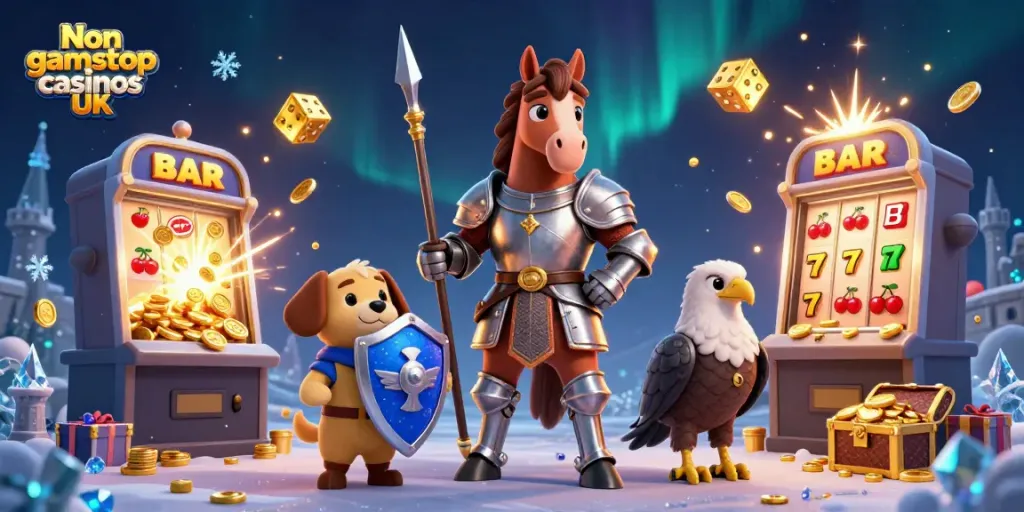 Experience excitement with Non gamstop casinos UK, featuring slots, a knight, and rich treasure!
