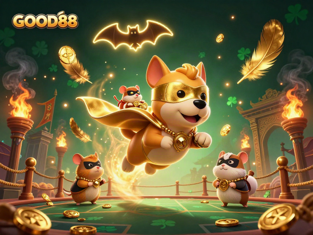 Experience the excitement of GOOD88 with a heroic dog and hamster in a dynamic online casino scene.