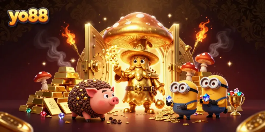 Experience the magic of yo88 with gaming treasures and vibrant characters in a dynamic casino setting.