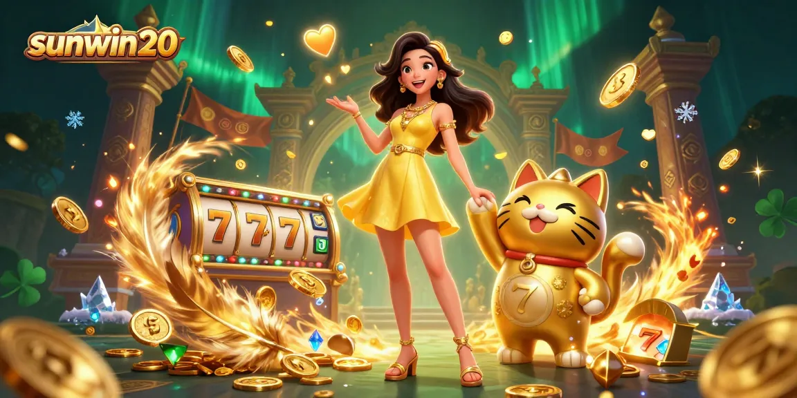 Experience winning moments at sunwin20 with a cheerful Asian woman, golden lucky cat, and vibrant slot game elements.