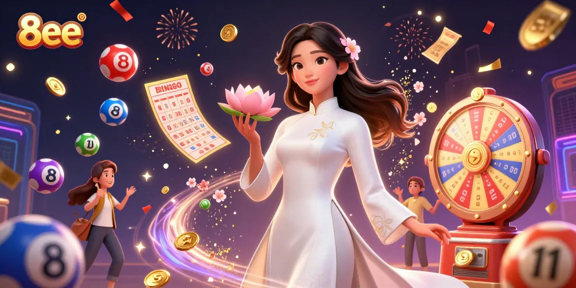 Experience the 8eee thrill with colorful lottery balls and vibrant casino elements.