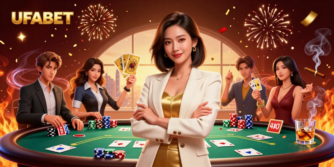 Experience dynamic gaming with UFABET's vibrant casino illustration showcasing poker excitement and elegance.