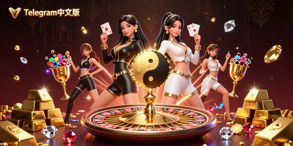 与Telegram中文版一起体验令人兴奋的游戏，金色赌场背景中的迷人亚洲双胞胎。