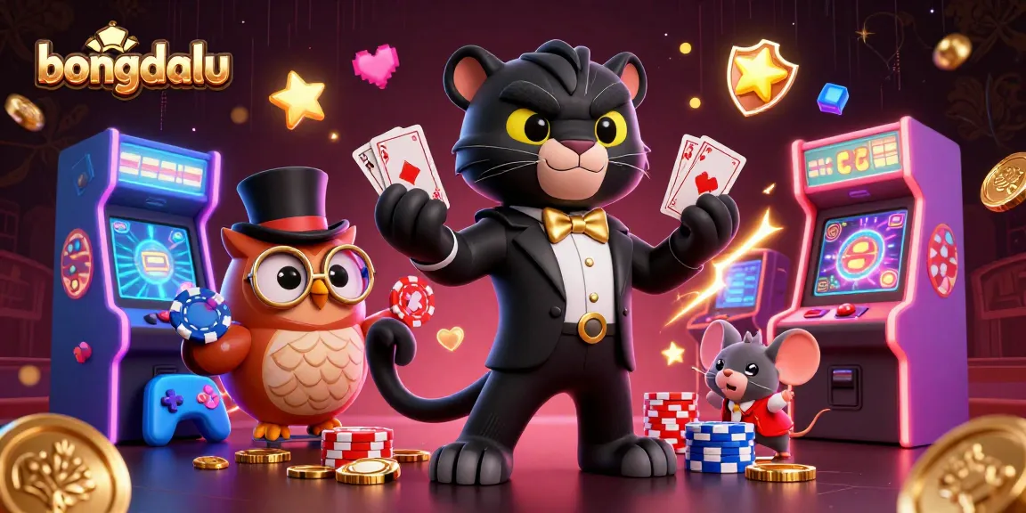 Bongdalu showcases a stylish black panther dealing cards with a clever owl and lucky mouse amid vibrant casino elements.