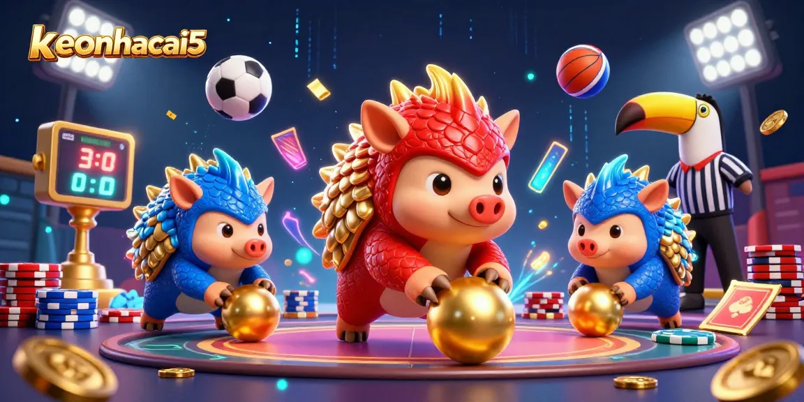 Engage in thrilling action with keonhacai5, where rival pangolins compete in a vibrant casino scene.