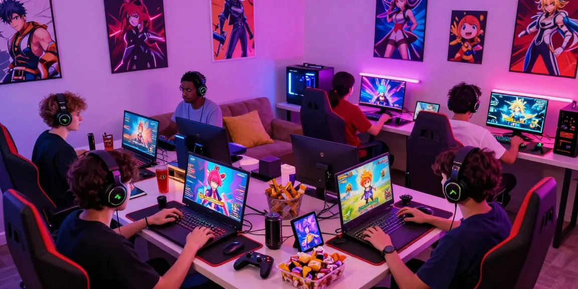 Exciting online gaming gathering playing hentai game online with various devices and colorful graphics.