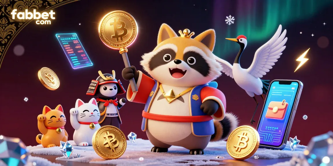 Engage with fabet com featuring a cheerful tanuki in a festival outfit with fortune cats and crypto elements.