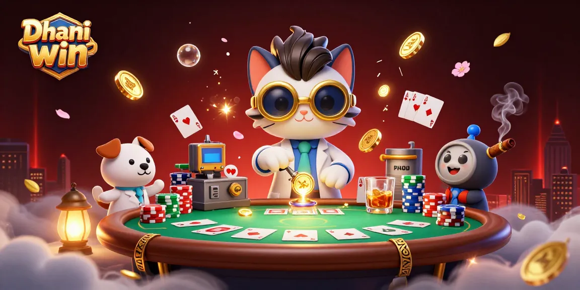 Dhani win gaming scene with mad scientist cat and assistant dog exploring poker games and golden coins.