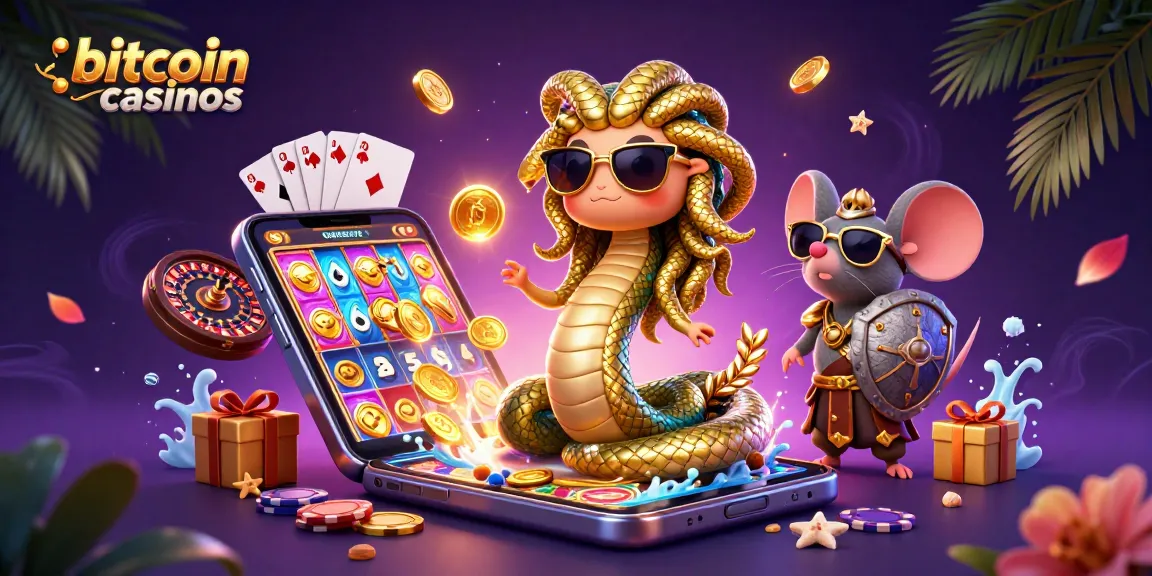Spin the reels at bitcoin casinos with Medusa and a warrior mouse surrounded by gaming elements.