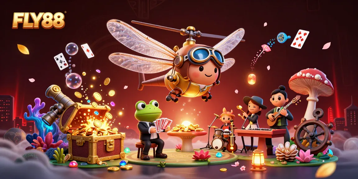 Play exciting games at FLY88 casino while the dragonfly pilot and frog croupier create an engaging atmosphere.