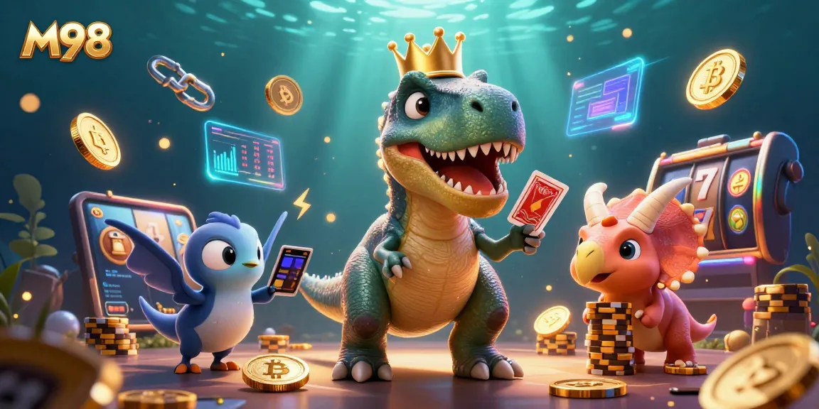M98 gaming scene featuring a T-Rex dealing cards, showcasing vibrant casino elements and crypto coins